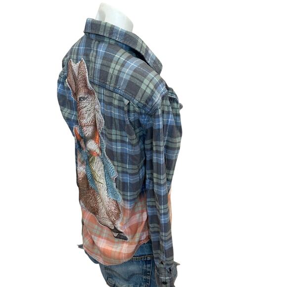 Peter Rabbit Plaid Flannel Shirt SMALL Oversize Upcycle Unique Easter Whimsical - Picture 5 of 6